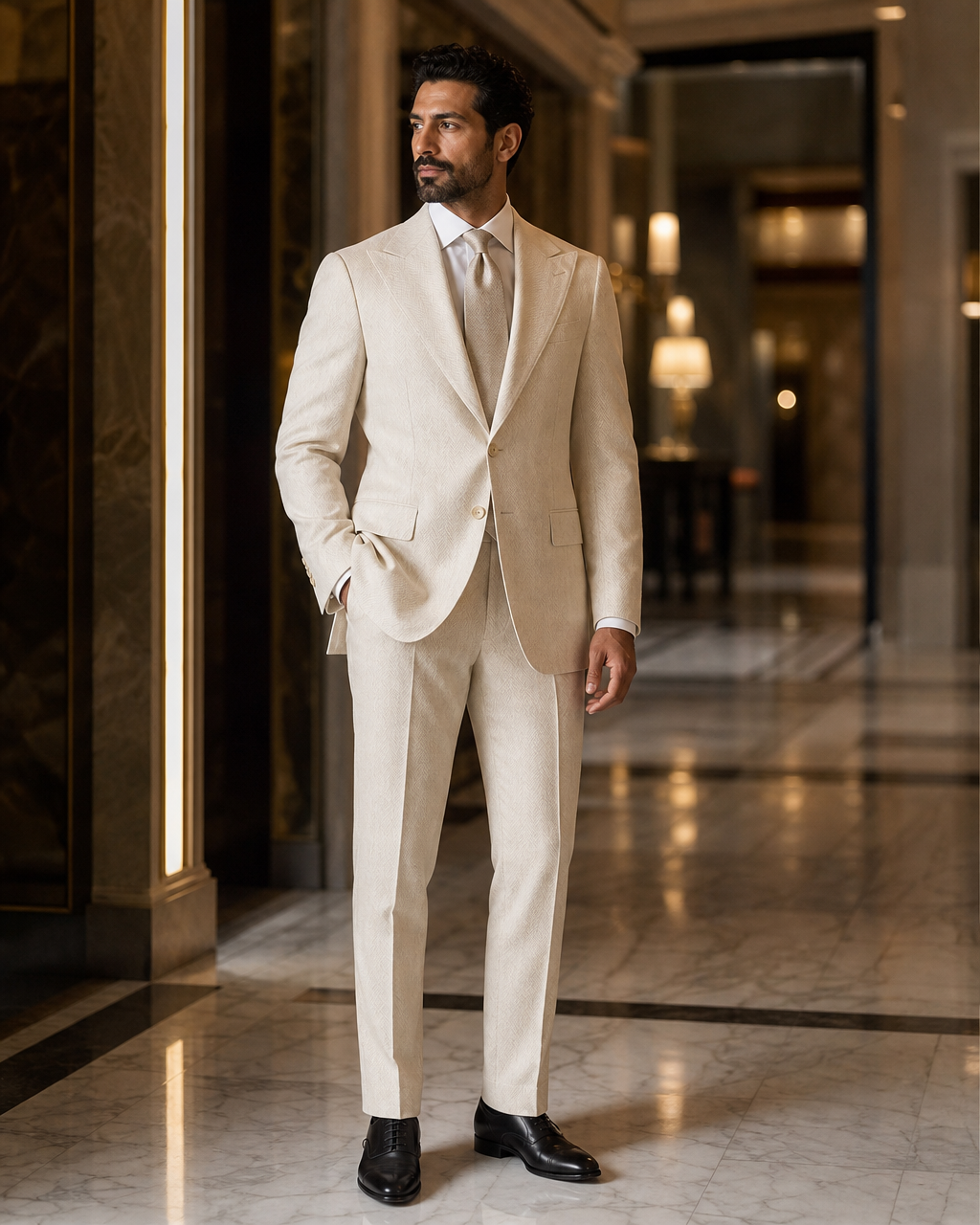 Cream Herringbone Winter Suit - Custom Made to Measure side back view