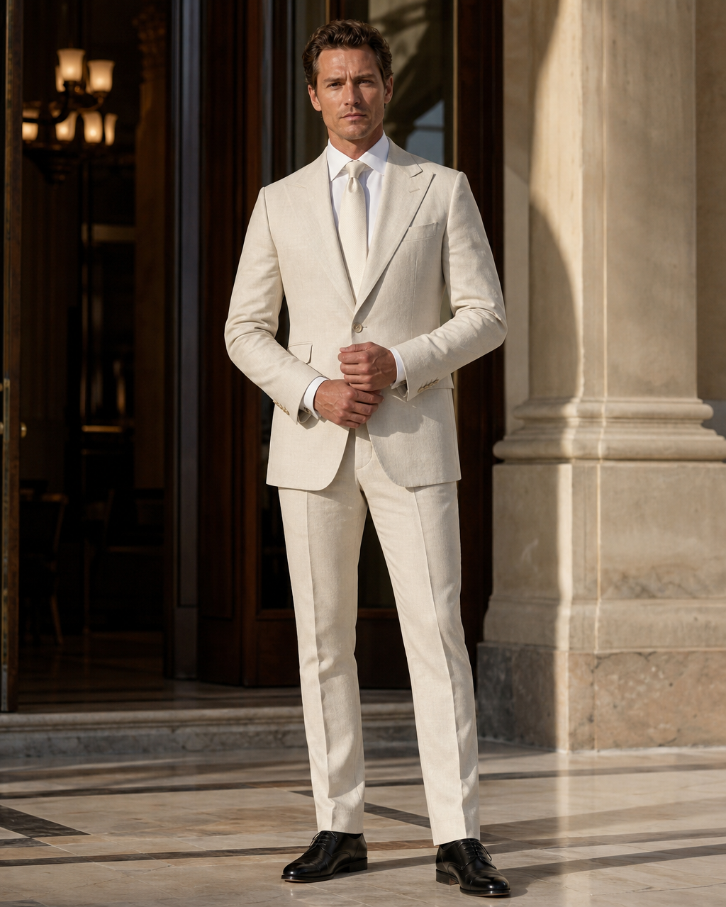 Cream Linen Outdoor Wedding Suit - Custom Made to Measure front view