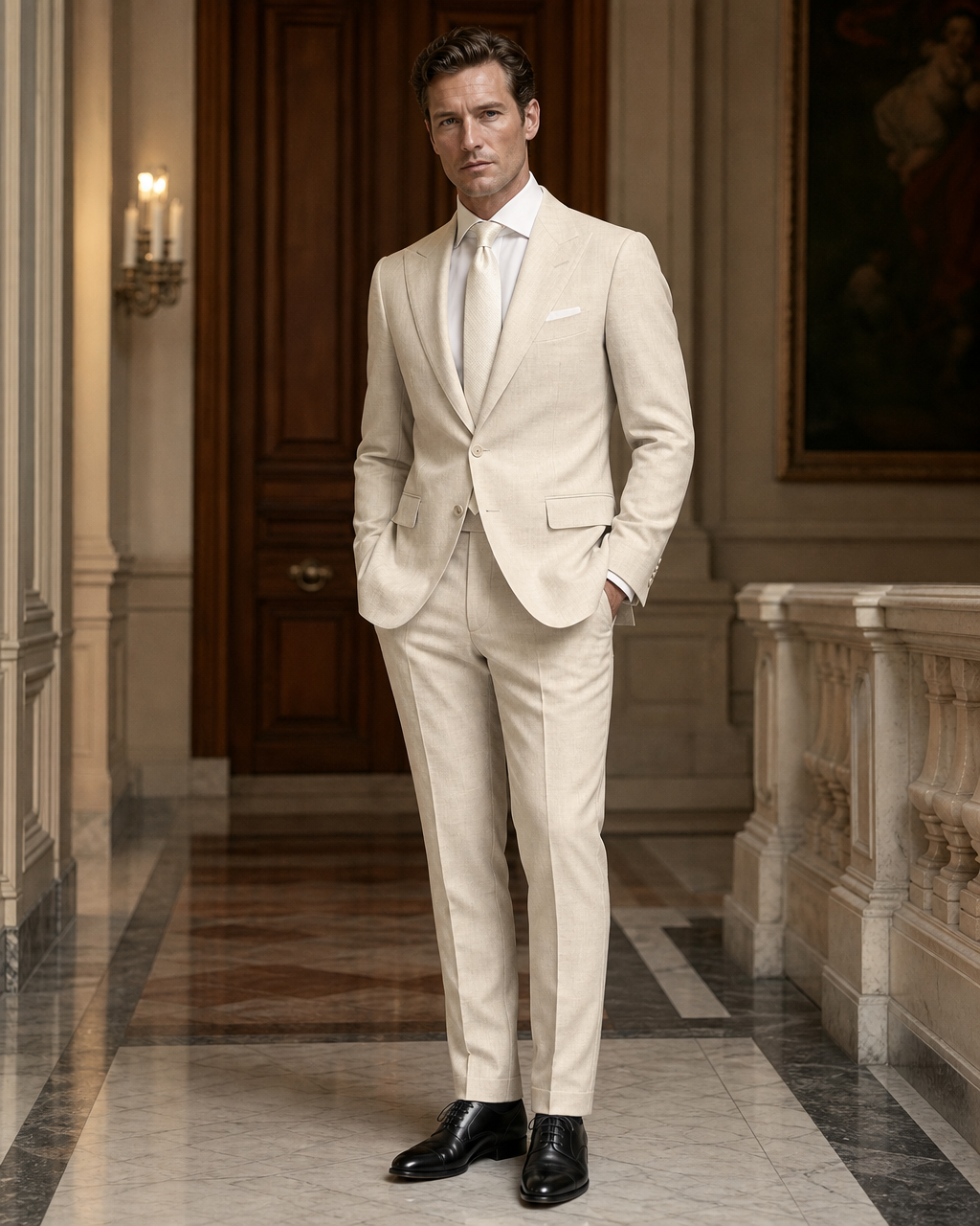 Cream Linen Outdoor Wedding Suit - Custom Made to Measure side back view