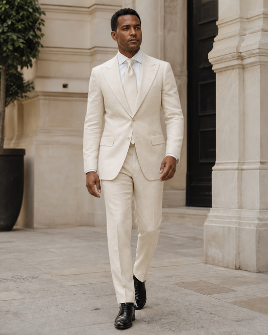 Cream Linen Peak Lapel Suit - Custom Made to Measure front view
