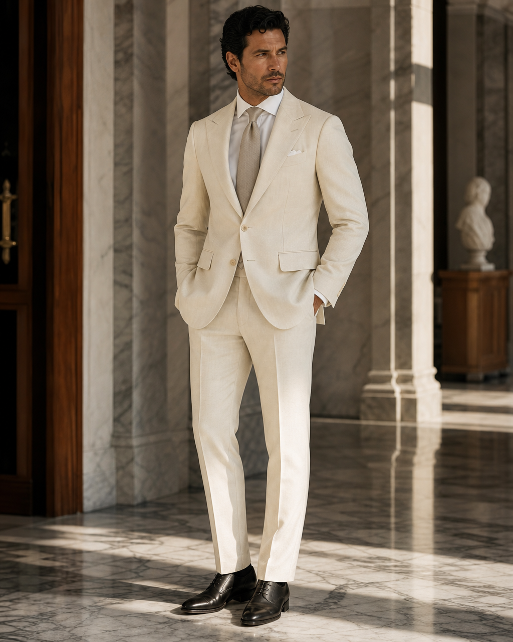 Cream Linen Summer Suit - Custom Made to Measure side back view