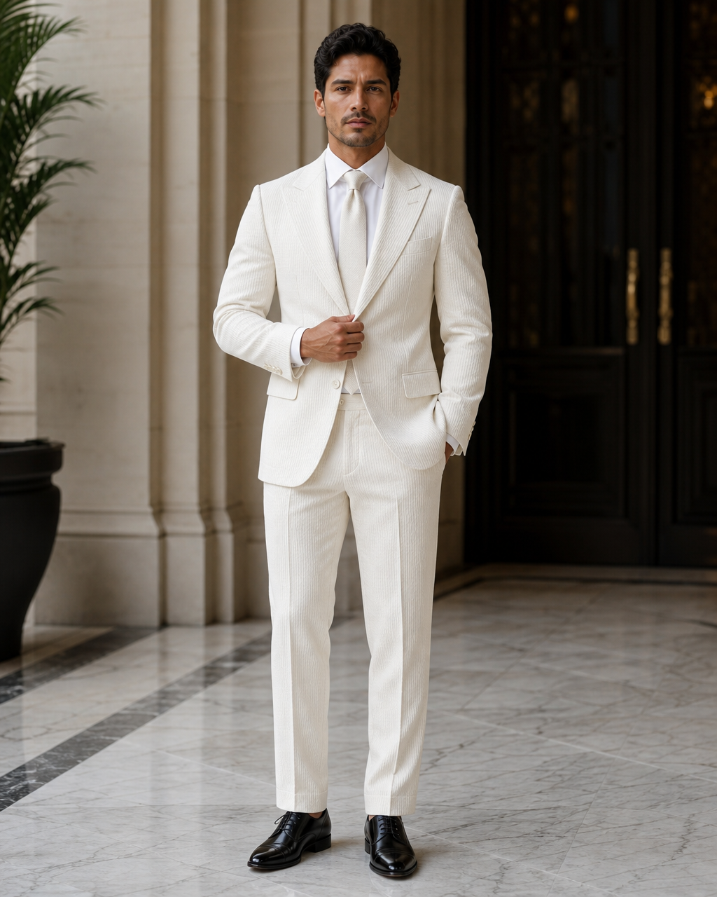 Cream Seersucker Beach Wedding Suit - Custom Made to Measure front view