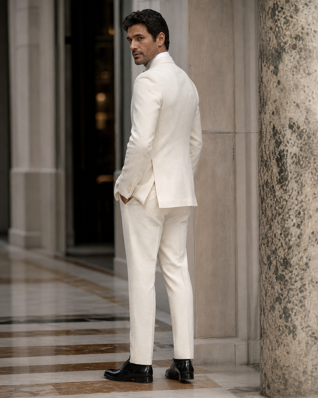 Cream Seersucker Beach Wedding Suit - Custom Made to Measure side back view