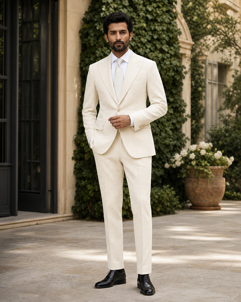 Cream Seersucker Outdoor Wedding Suit — Custom Made to Measure front view