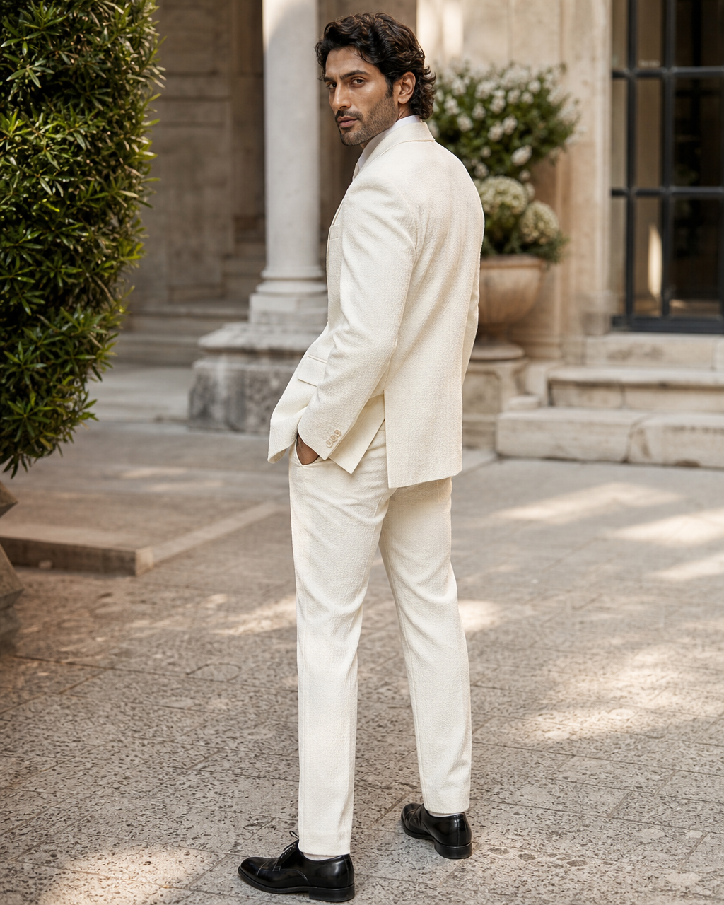 Cream Seersucker Outdoor Wedding Suit — Custom Made to Measure side back view