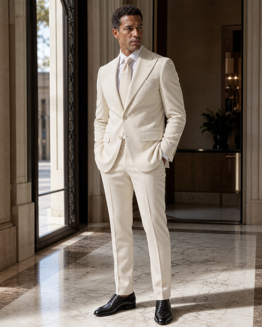 Cream Seersucker Summer Suit - Custom Made to Measure side back view