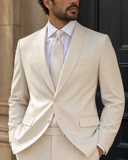 Cream Silk Blend Shawl Lapel Suit - Custom Made to Measure lapel chest close up