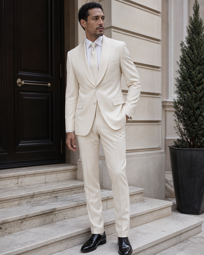 Cream Silk Blend Shawl Lapel Suit - Custom Made to Measure side three quarter view