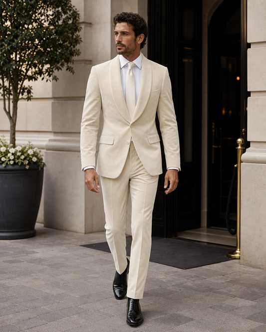 Cream Velvet Shawl Lapel Suit - Custom Made to Measure front view