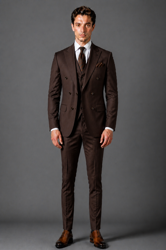 Deep Chocolate Brown Silk Blend Double Breasted Suit — Custom Made to Measure