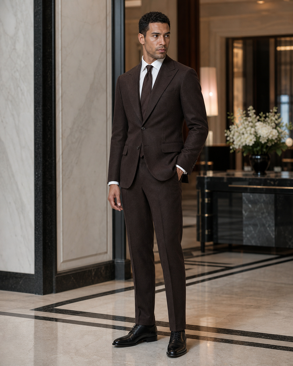 Deep Chocolate Brown Herringbone Winter Suit - Custom Made to Measure side back view