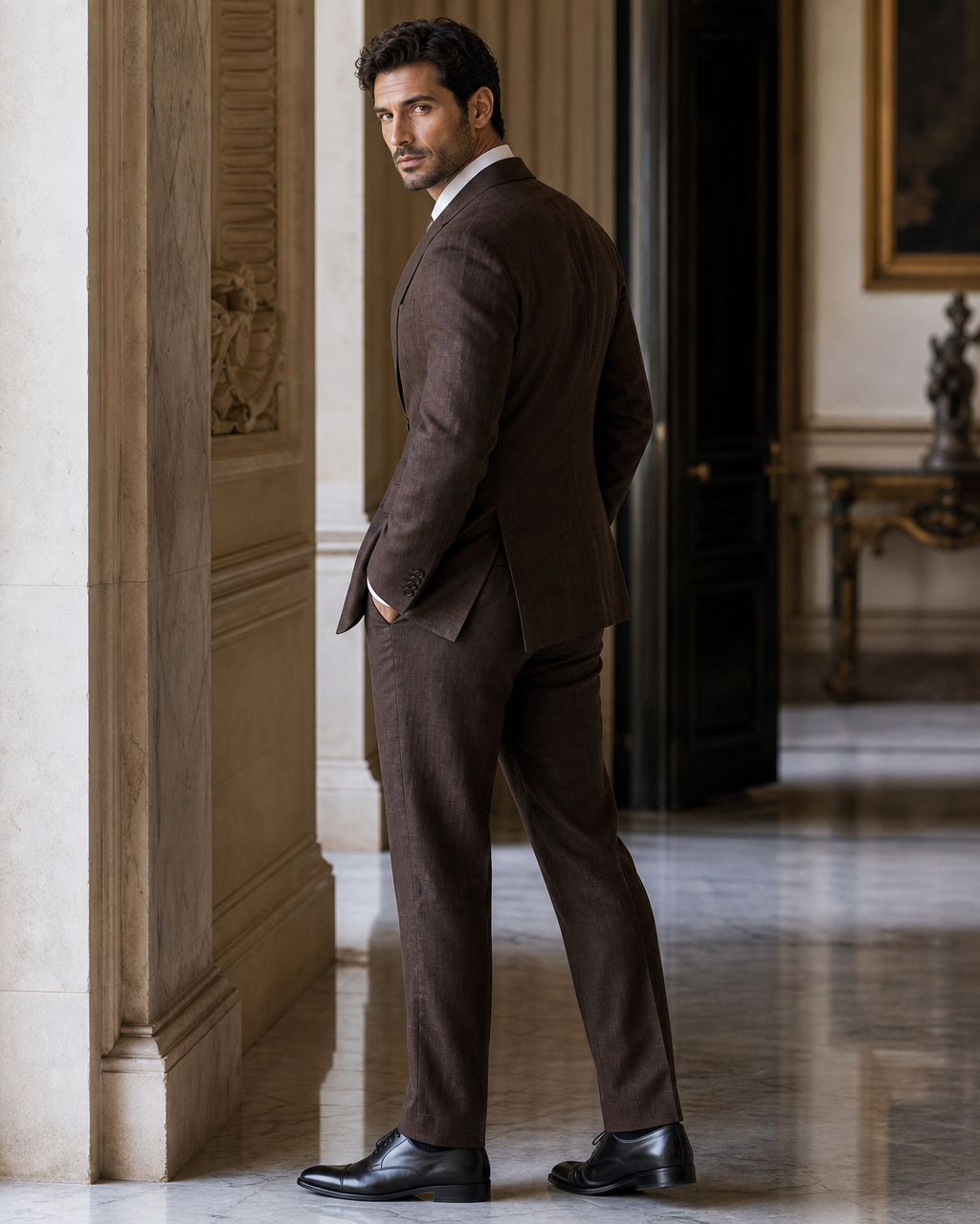 Deep Chocolate Brown Linen Beach Wedding Suit - Custom Made to Measure side back view