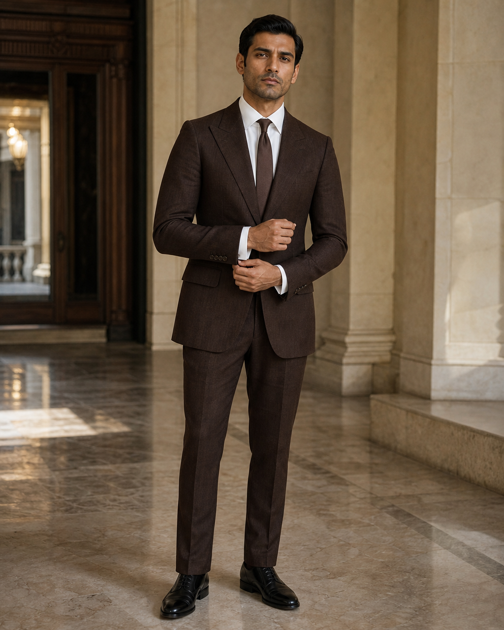 Deep Chocolate Brown Linen Outdoor Wedding Suit - Custom Made to Measure front view