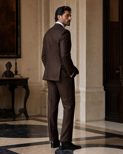 Deep Chocolate Brown Linen Outdoor Wedding Suit - Custom Made to Measure side back view