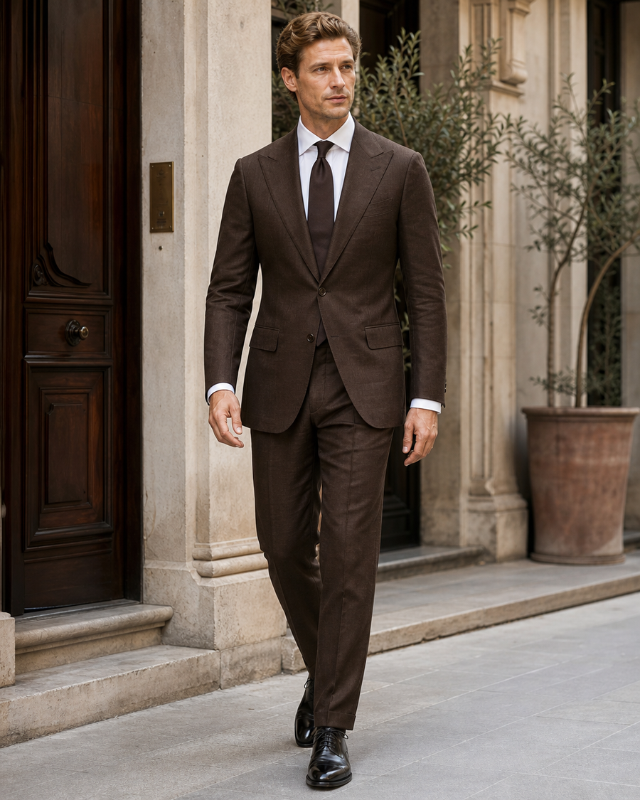 Deep Chocolate Brown Linen Peak Lapel Suit — Custom Made to Measure