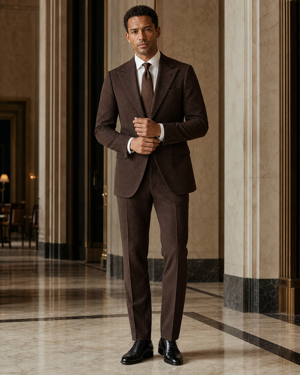 Deep Chocolate Brown Seersucker Beach Wedding Suit - Custom Made to Measure front view
