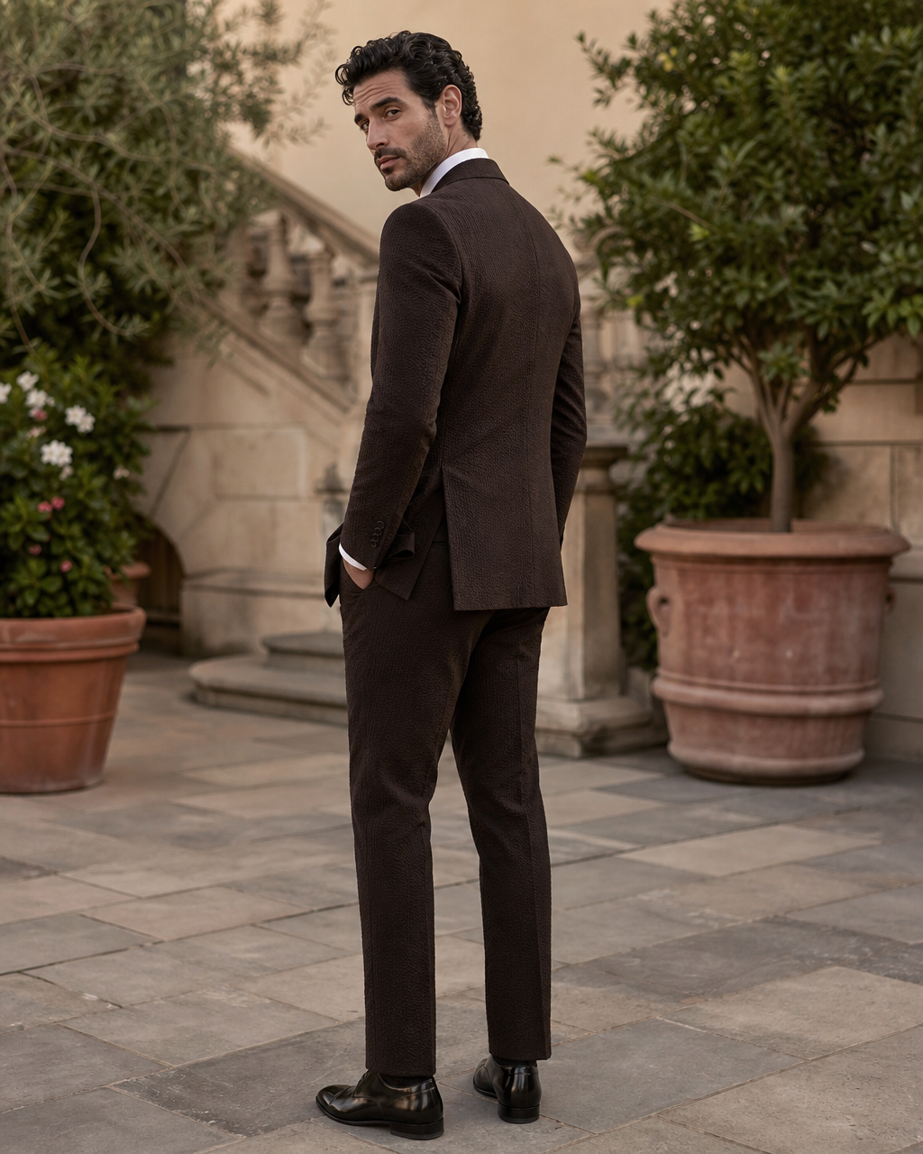 Deep Chocolate Brown Seersucker Outdoor Wedding Suit — Custom Made to Measure side back view