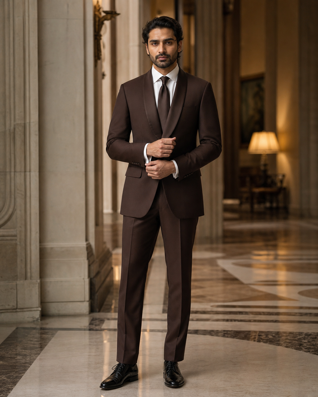 Deep Chocolate Brown Silk Blend Shawl Lapel Suit - Custom Made to Measure front view