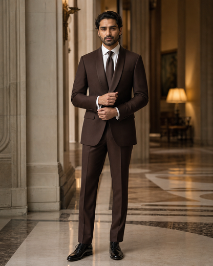 Deep Chocolate Brown Silk Blend Shawl Lapel Suit - Custom Made to Measure front view