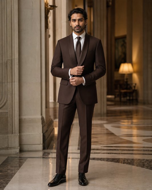 Deep Chocolate Brown Silk Blend Shawl Lapel Suit - Custom Made to Measure front view