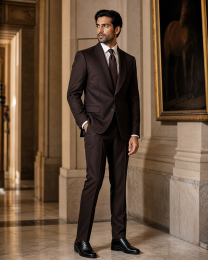 Deep Chocolate Brown Silk Blend Shawl Lapel Suit - Custom Made to Measure side back view