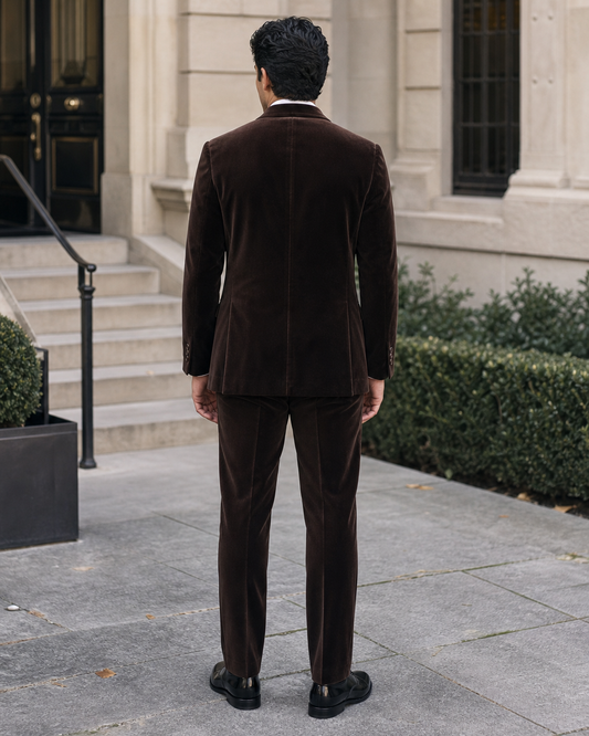 Deep Chocolate Brown Velvet Shawl Lapel Suit - Custom Made to Measure back view