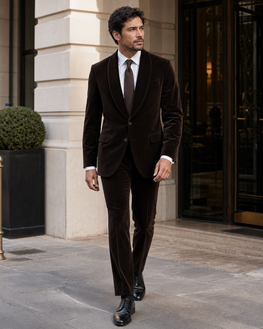 Deep Chocolate Brown Velvet Shawl Lapel Suit — Custom Made to Measure