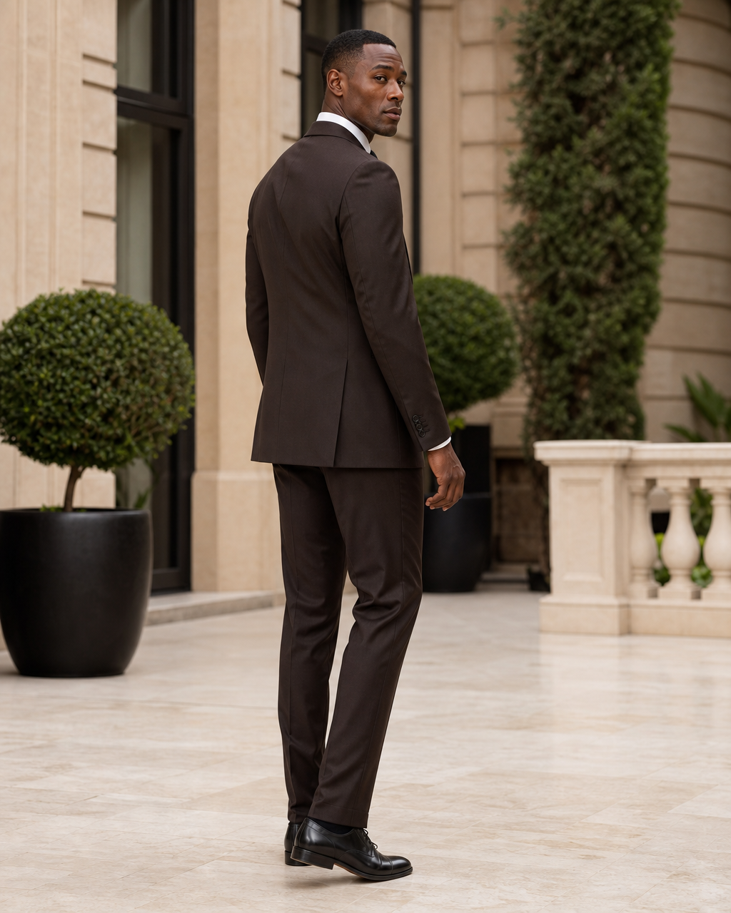 Deep Chocolate Brown Wool Outdoor Wedding Suit — Custom Made to Measure side back view