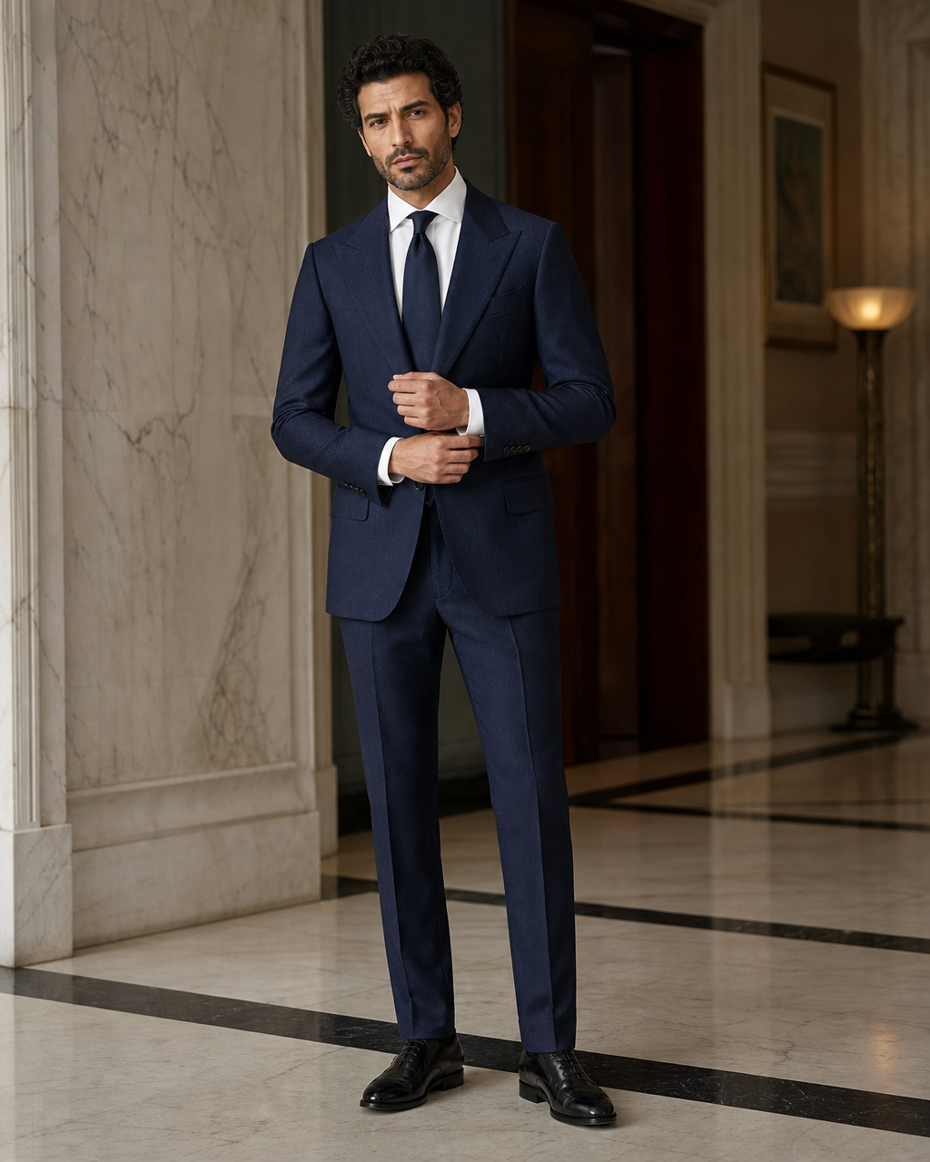 Deep Navy Herringbone Winter Suit - Custom Made to Measure front view