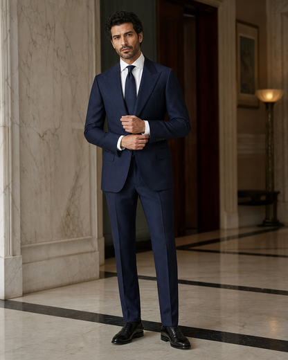 Deep Navy Herringbone Winter Suit - Custom Made to Measure front view