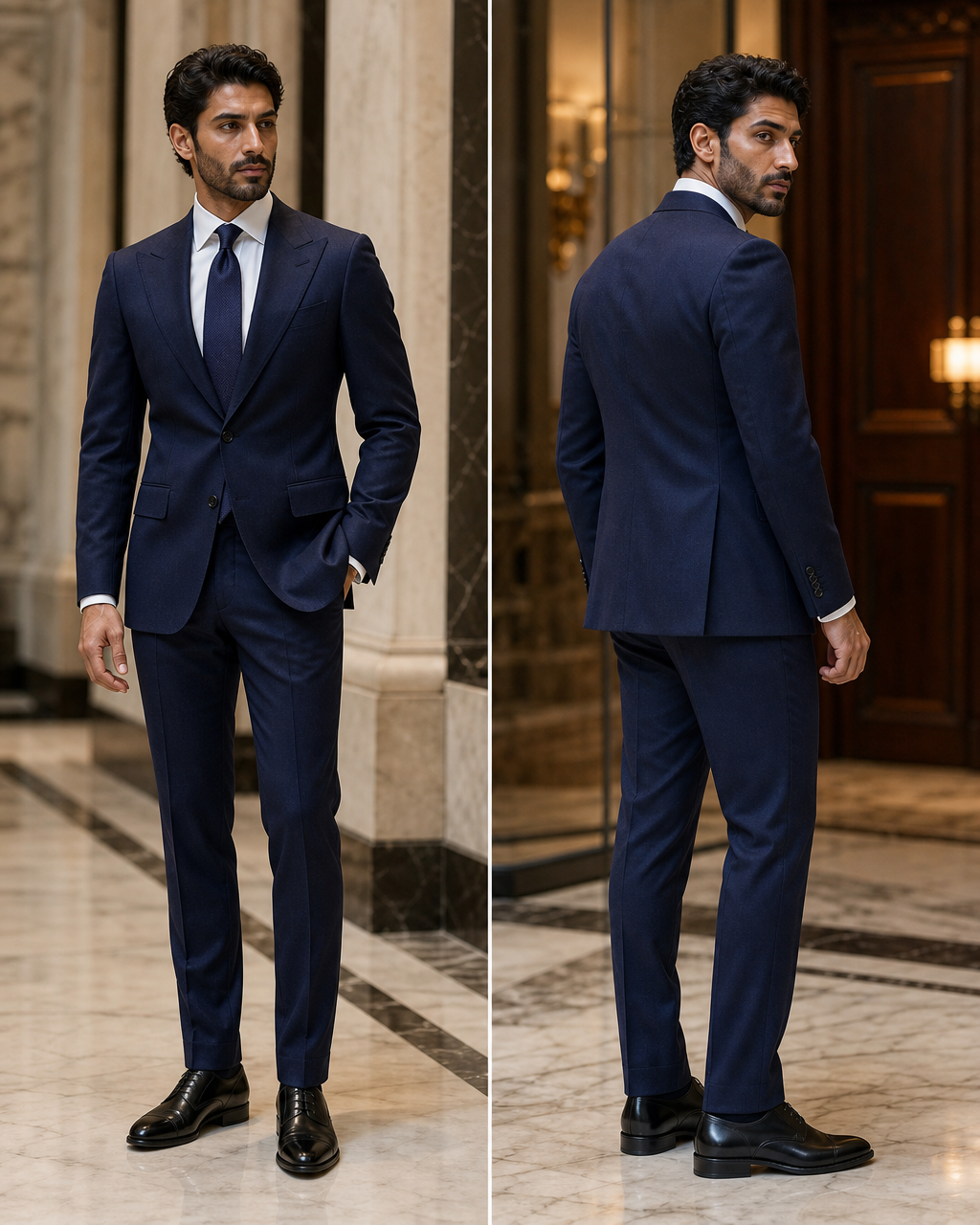Deep Navy Herringbone Winter Suit - Custom Made to Measure side back view