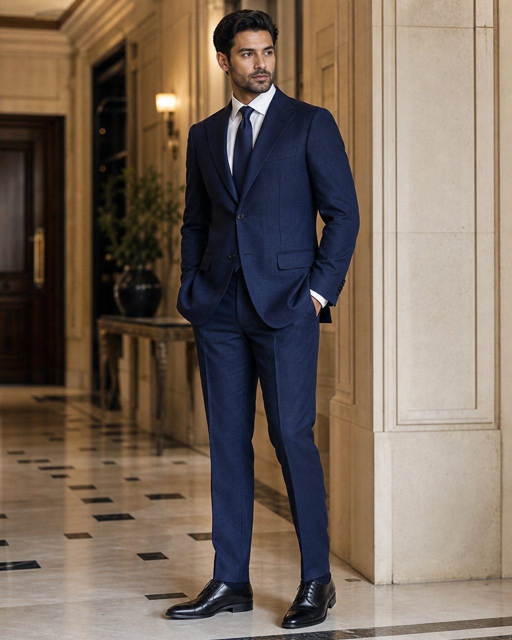 Deep Navy Linen Beach Wedding Suit - Custom Made to Measure side back view