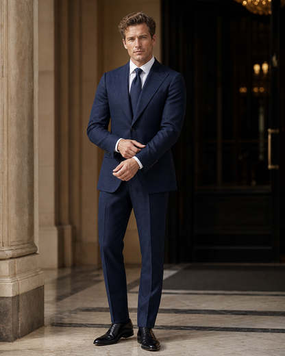 Deep Navy Linen Outdoor Wedding Suit - Custom Made to Measure front view