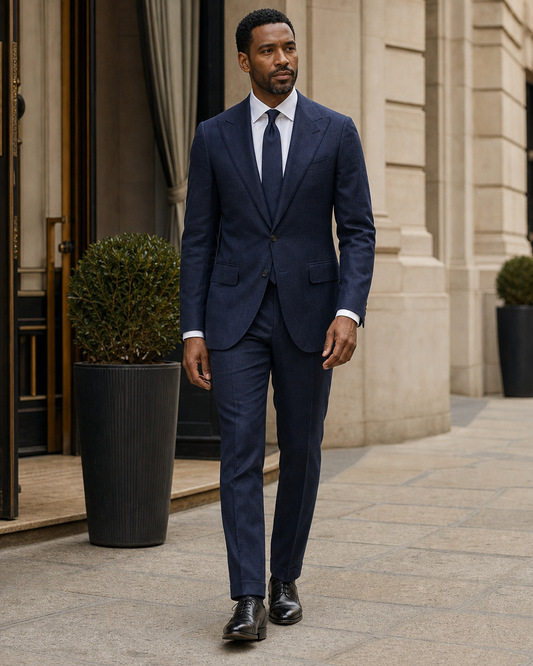 Deep Navy Linen Peak Lapel Suit - Custom Made to Measure front view