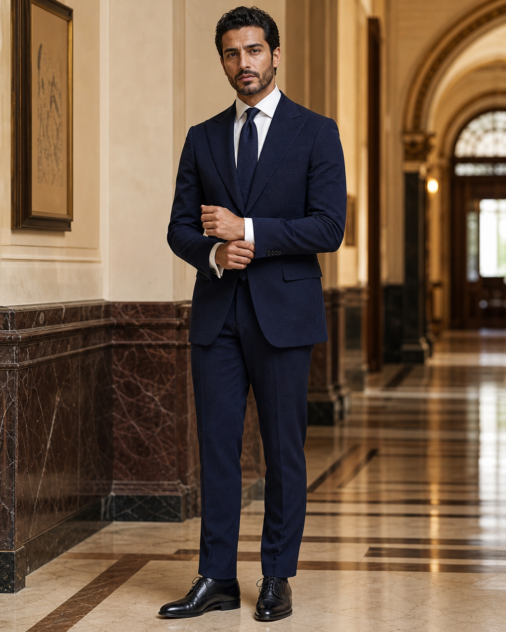 Deep Navy Seersucker Beach Wedding Suit - Custom Made to Measure front view