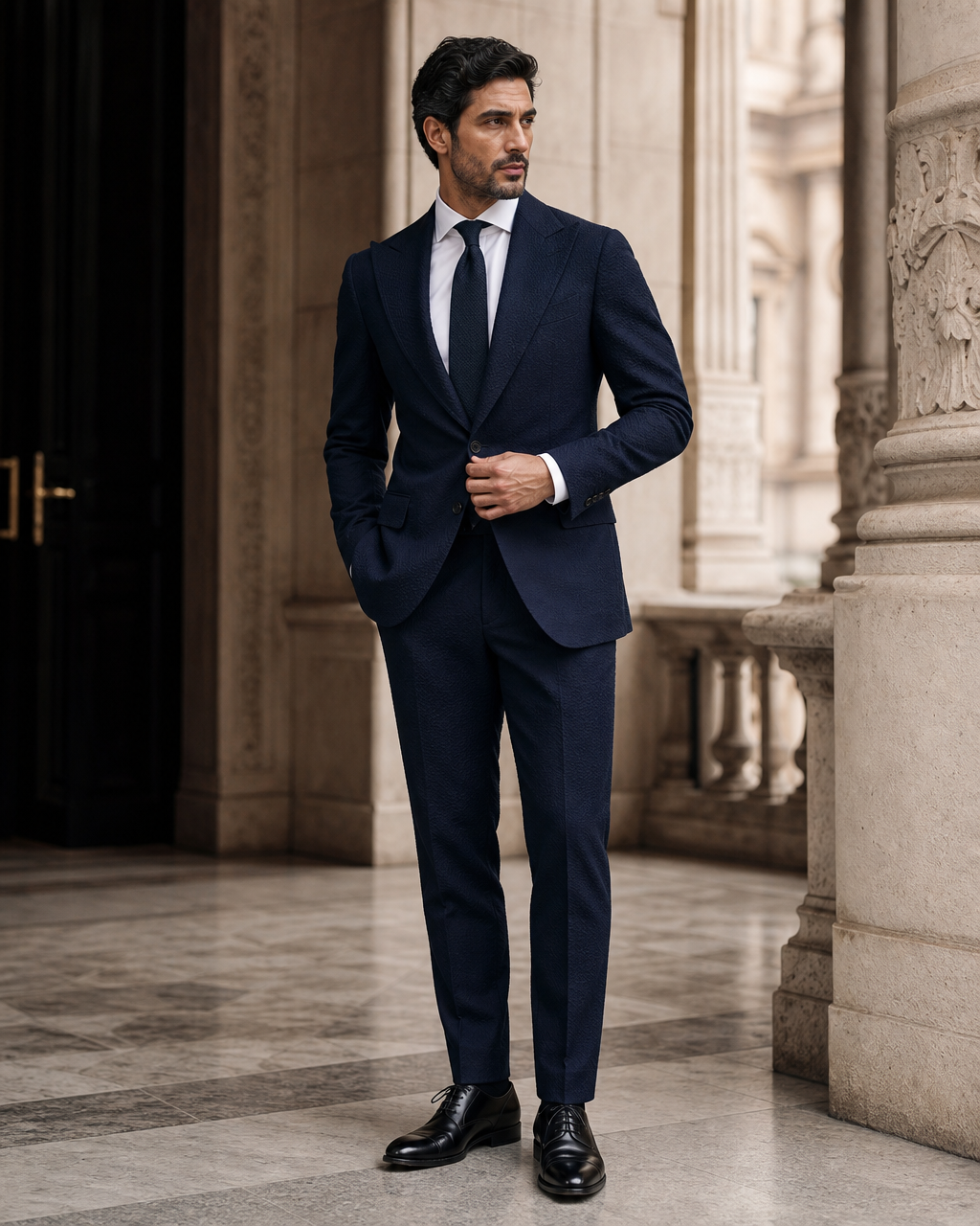 Deep Navy Seersucker Beach Wedding Suit - Custom Made to Measure side back view