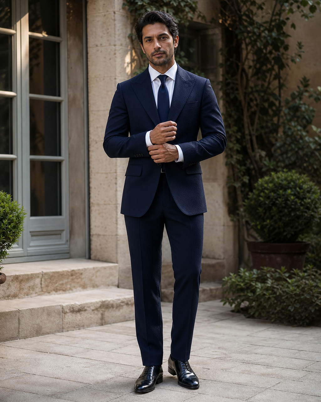 Deep Navy Seersucker Outdoor Wedding Suit — Custom Made to Measure front view