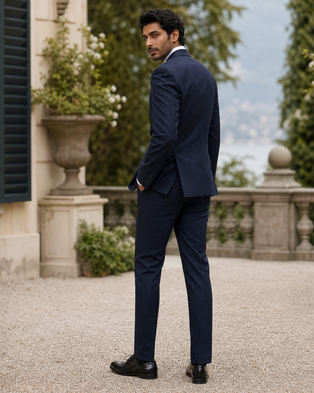 Deep Navy Seersucker Outdoor Wedding Suit — Custom Made to Measure side back view