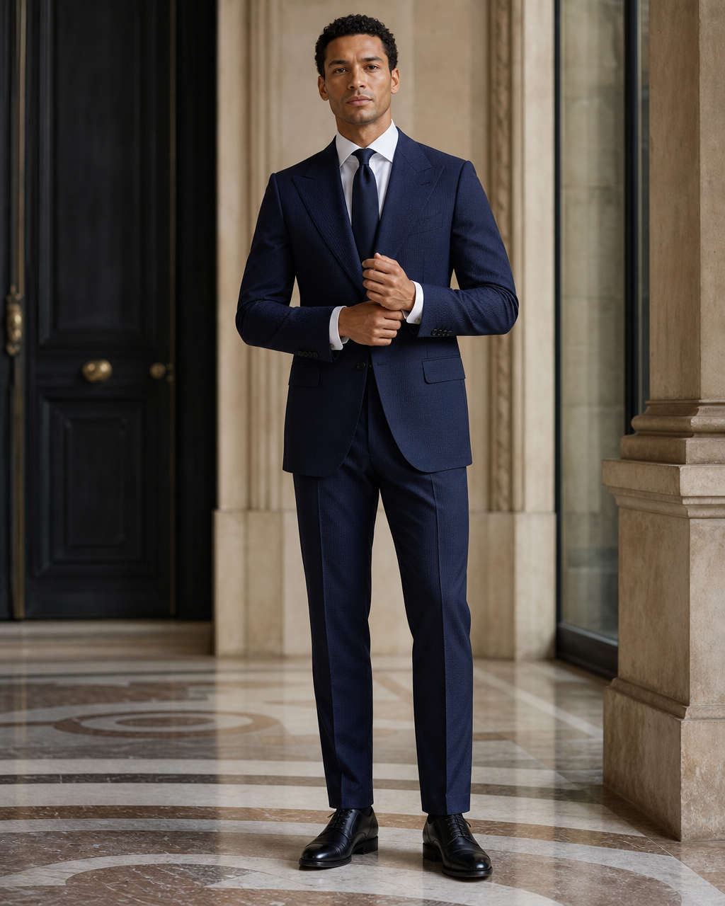 Deep Navy Seersucker Summer Suit - Custom Made to Measure front view