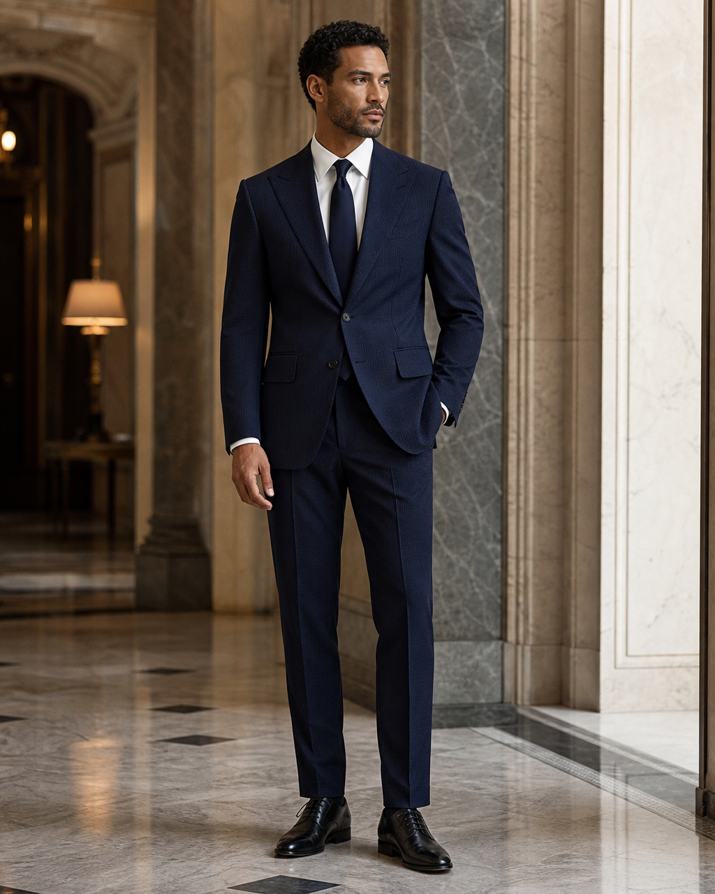 Deep Navy Seersucker Summer Suit - Custom Made to Measure side back view