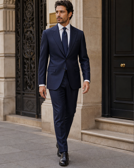 Deep Navy Silk Blend Peak Lapel Suit - Custom Made to Measure front view