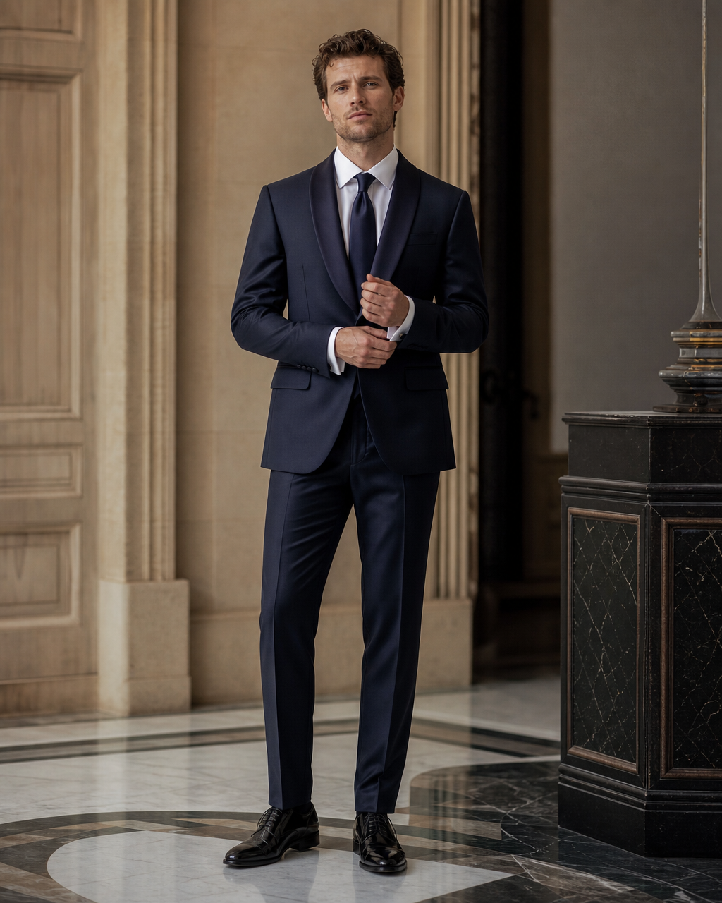 Deep Navy Silk Blend Shawl Lapel Suit - Custom Made to Measure front view
