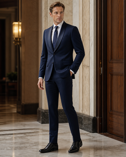 Deep Navy Silk Blend Shawl Lapel Suit - Custom Made to Measure side back view