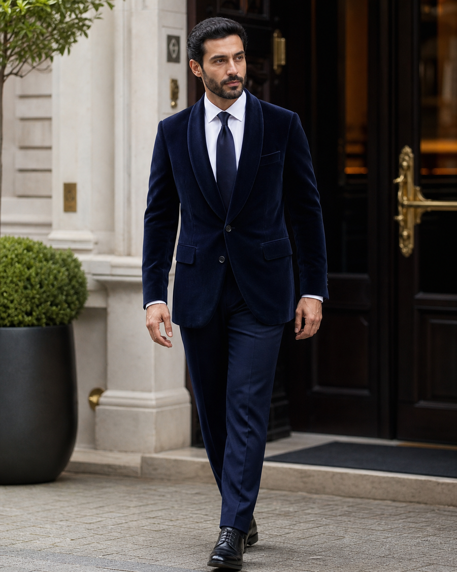 Deep Navy Velvet Shawl Lapel Suit — Custom Made to Measure