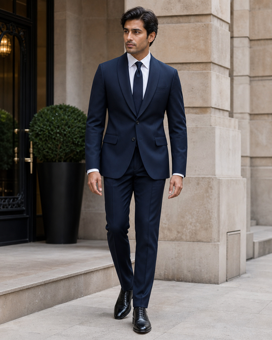 Deep Navy Wool Shawl Lapel Suit - Custom Made to Measure front view
