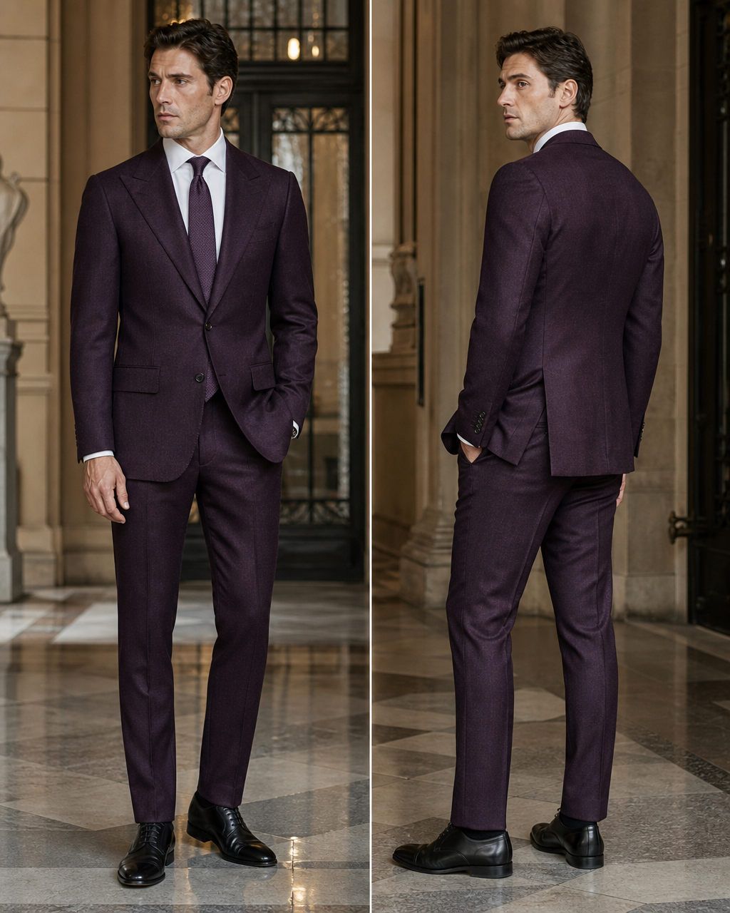 Deep Plum Herringbone Winter Suit - Custom Made to Measure side back view