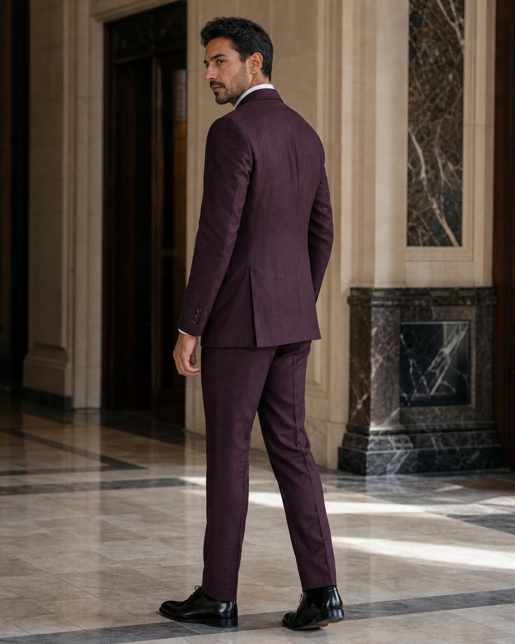 Deep Plum Linen Beach Wedding Suit - Custom Made to Measure side back view