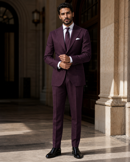 Deep Plum Linen Outdoor Wedding Suit - Custom Made to Measure front view