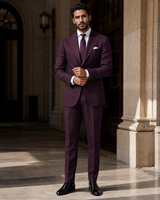 Deep Plum Linen Outdoor Wedding Suit - Custom Made to Measure front view