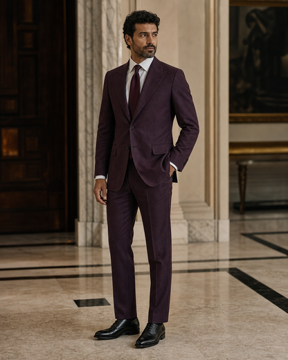 Deep Plum Linen Outdoor Wedding Suit - Custom Made to Measure side back view